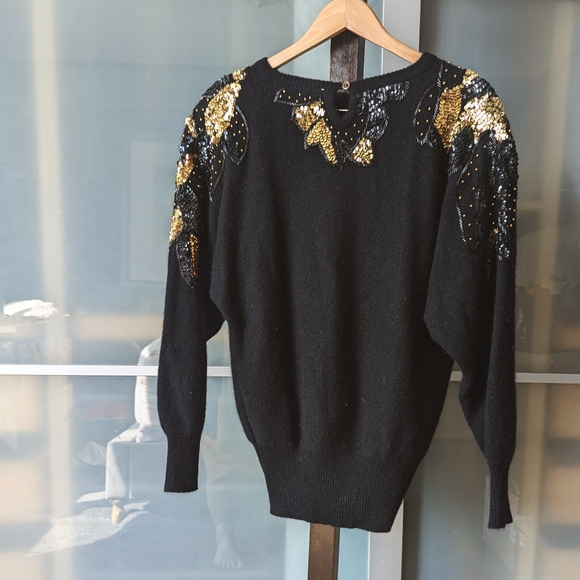 📼Vintage 80s Jane Ashley Black Lamb Wool & Angora Sequined Sweater - Small - Picture 7 of 14